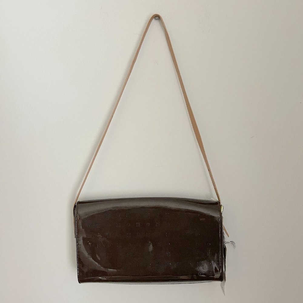 ARCADIA ITALY BROWN BEIGE PATENT LEATHER SLIM SHOULDER BAG SATCHEL - Picture 5 of 7